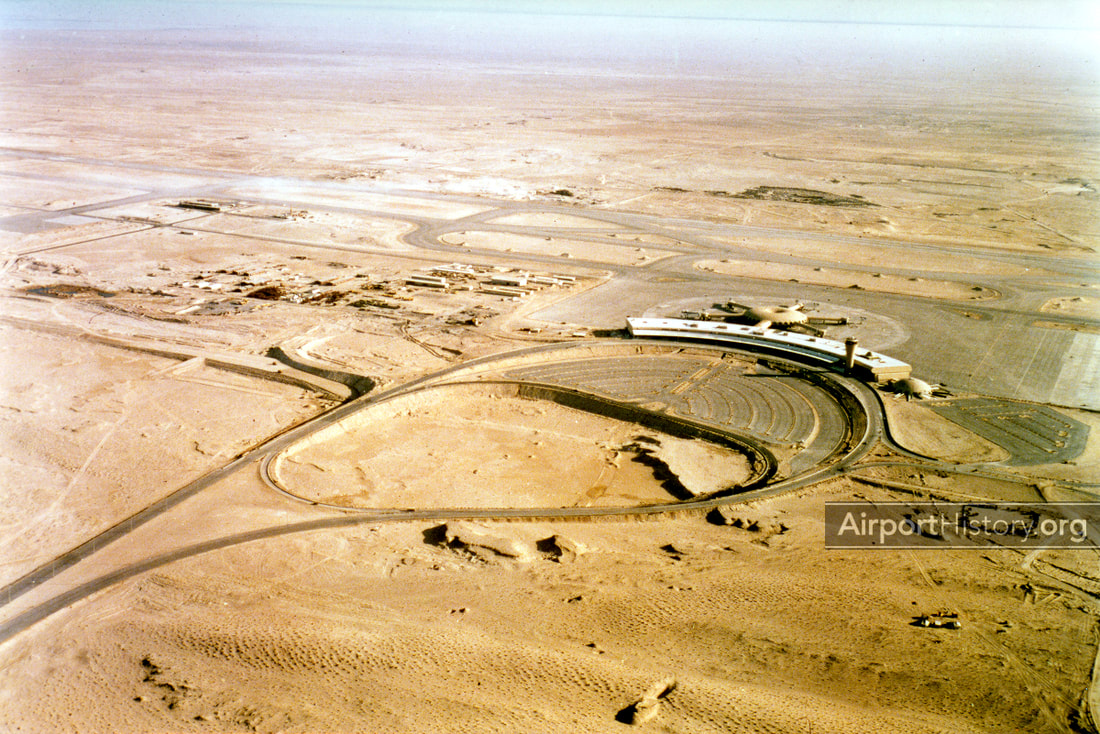 An aerial view of Abu Dhabi International Airport under construction ca. 1981.