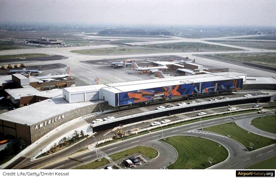 A 1961 aerial view of the American Airlines terminal at New York's Kennedy Airport