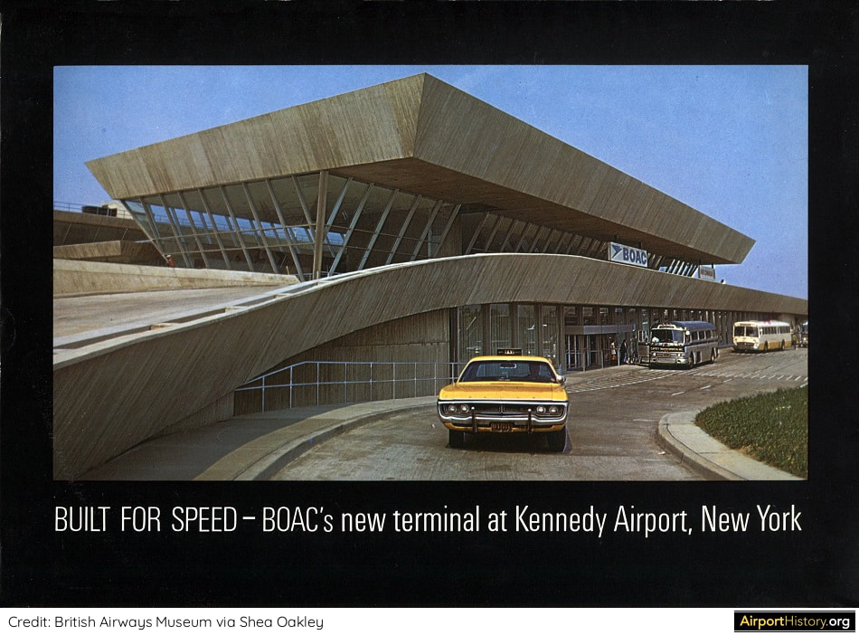 An ad boasting the new BOAC/British Airways Terminal at Kennedy Airport, New York