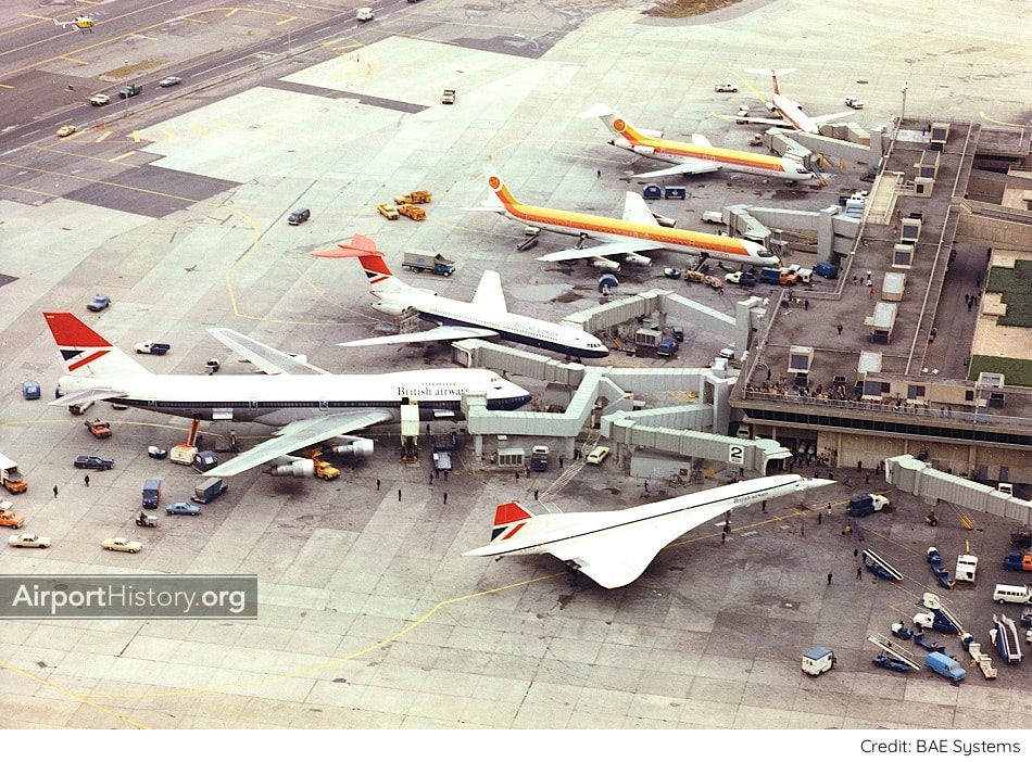 A 1977 aerial of the British Airways Terminal (T7) at Kennedy Airport, New York. 