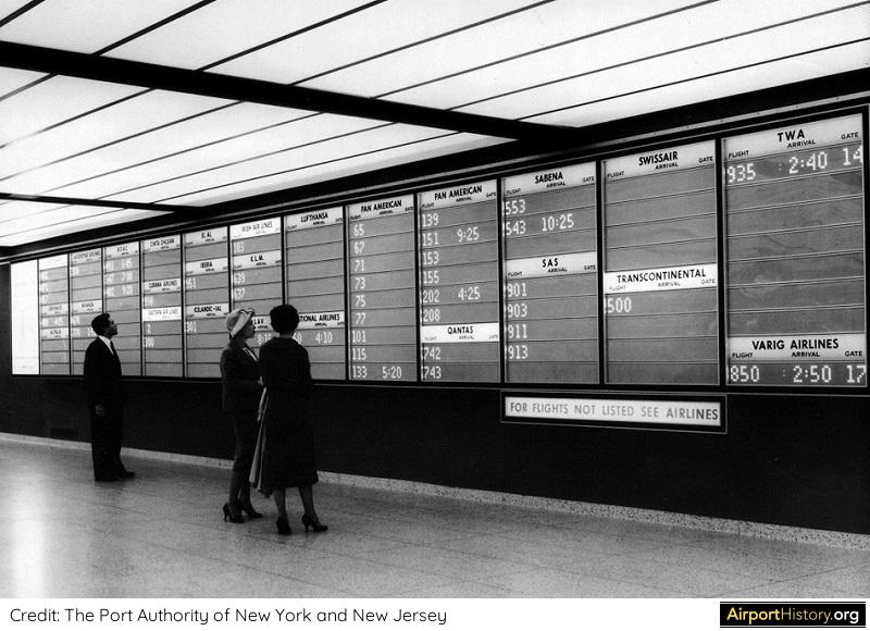 An electronic board displaying arriving flights in the IAB at New York's Idlewild Airport