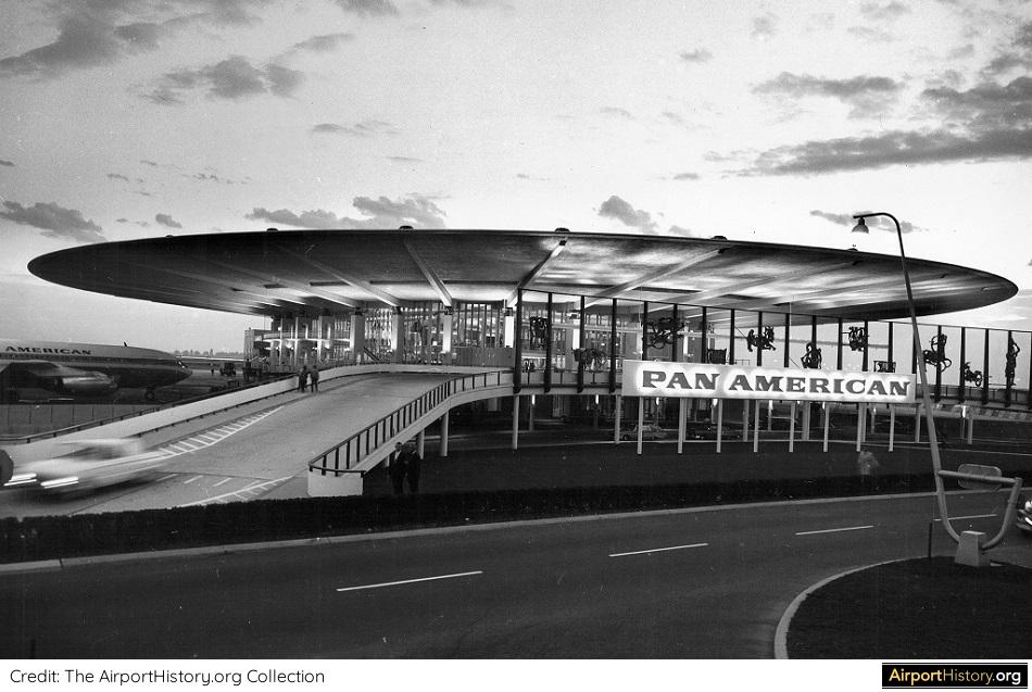 A 1960 nightly exterior view of the Pan Am terminal