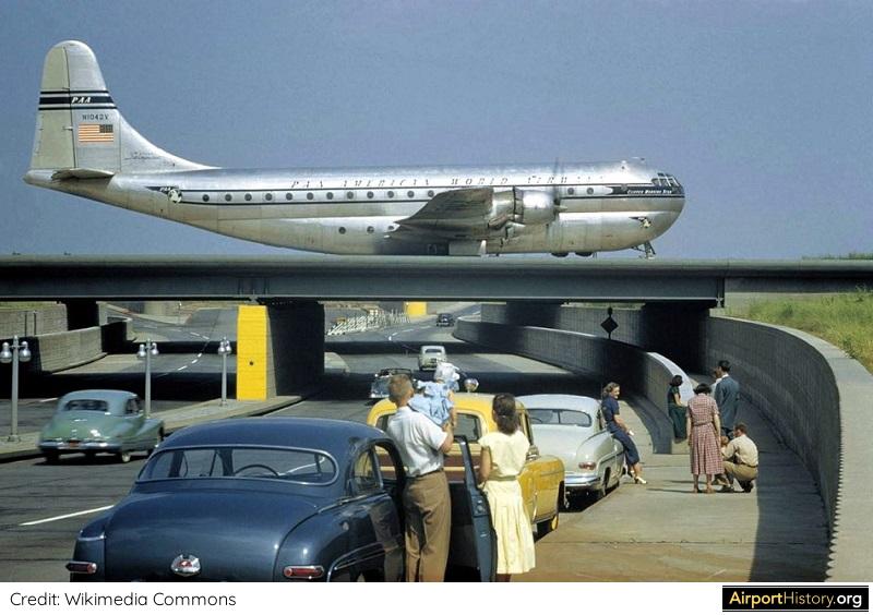 A Boeing Stratocruiser on the taxiway overpass at Idlewild Airport