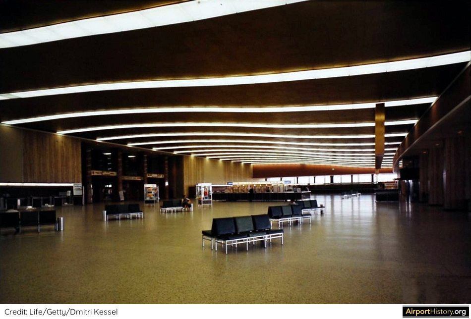 A 1961 interior view of the ticketing lobby in the Eastern Air Lines terminal at New York's Idlewild Airport