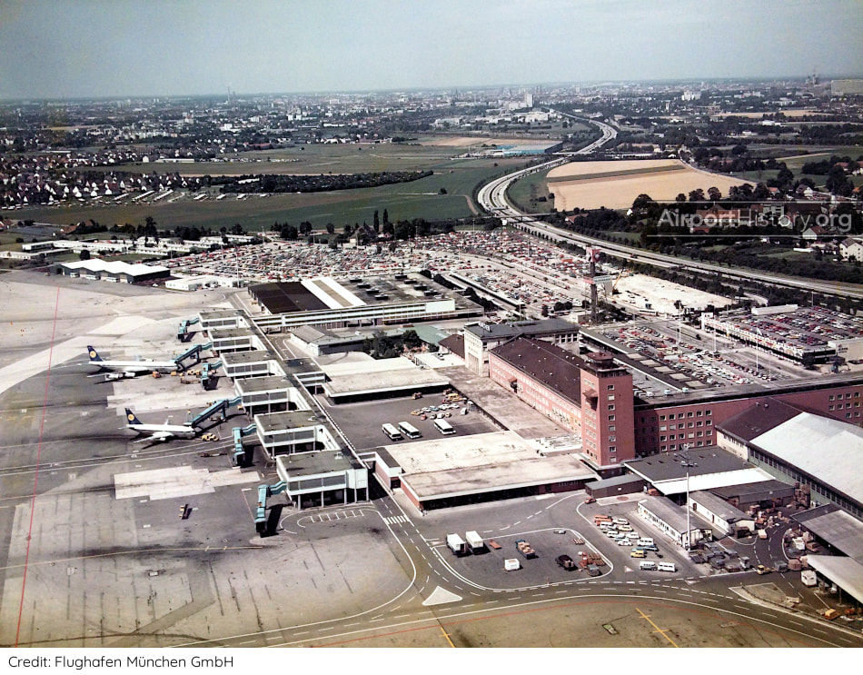 A 1970s aerial view of Munich Airport's terminal complex in mid-1970s