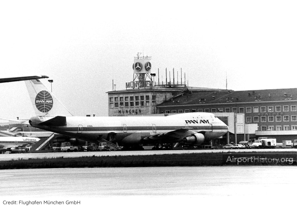 A Pan Am 747 visits Munich Riem Airport in the 1970s