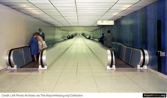 A 1960s view of the underground tunnel, connecting the Terminal 7 ticketing area with Satellite 7 at LAX
