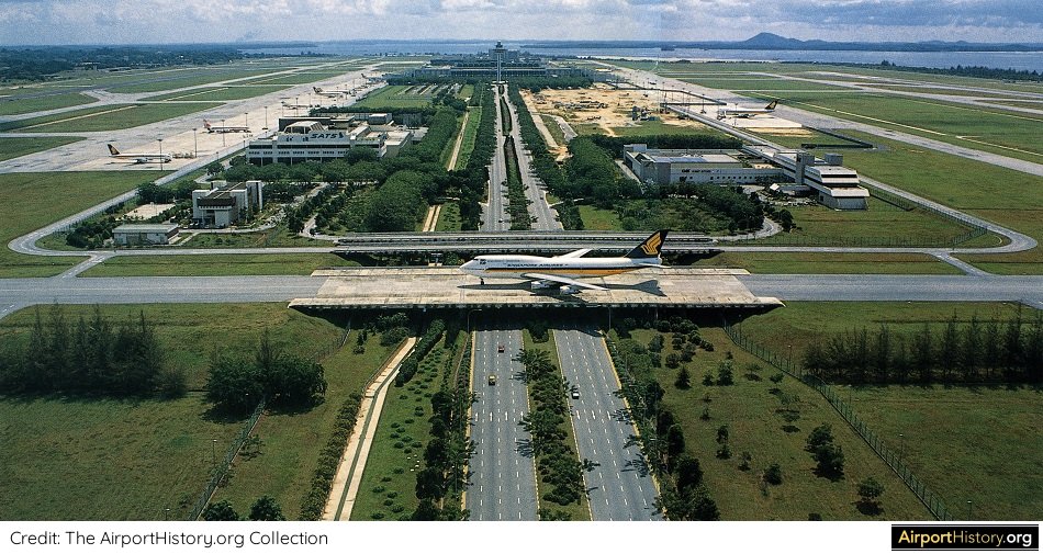 An aerial view of Singapore Changi Airport in the mid-1980s