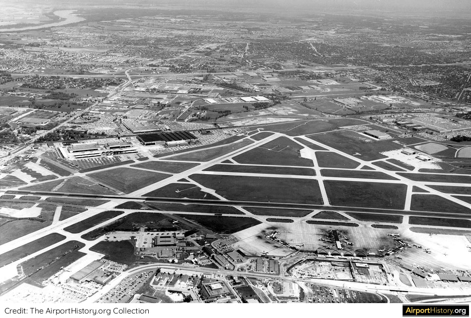 an aerial overview of St. Louis Lambert Airport in 1970.